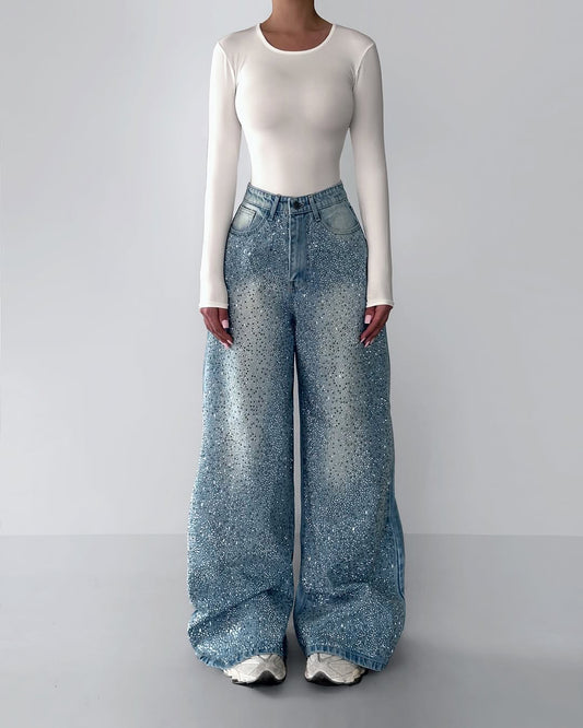 Irregular Rhinestone Vintage Denim Jeans