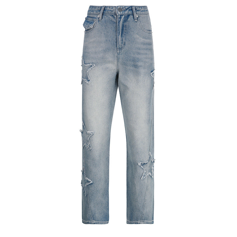 Embroidered High Waist Straight Leg Denim Jeans