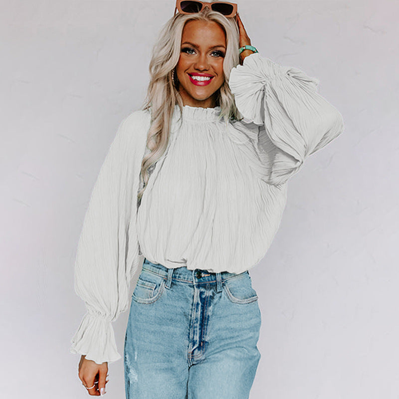 Autumn Winter Pullover Loose Top with Pleated Texture and Ruffle Sleeves