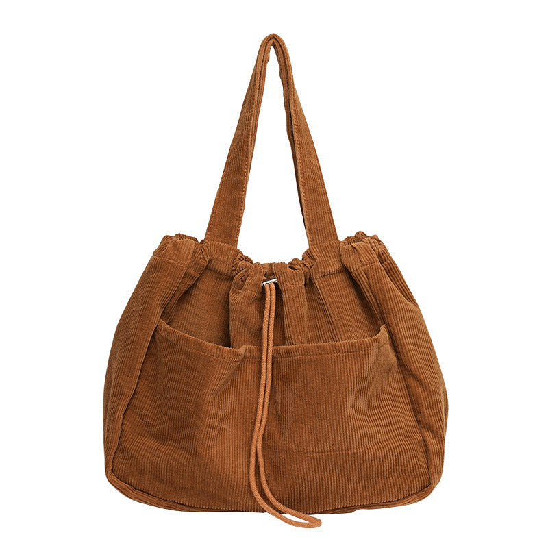 Grand Sac à Main en Velours Côtelé Multi-Poches à Cordon pour Femmes