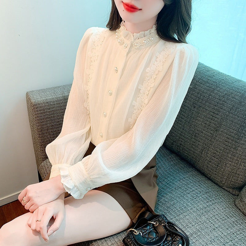 Apricot Pearl Lace Pleated Long Sleeve Shirt with Stand-Up Collar
