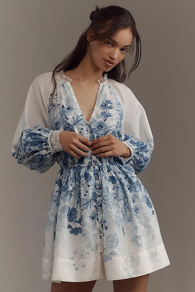 Women's Blue Floral Vintage Dress with Stand-Up Collar and Puff Sleeves
