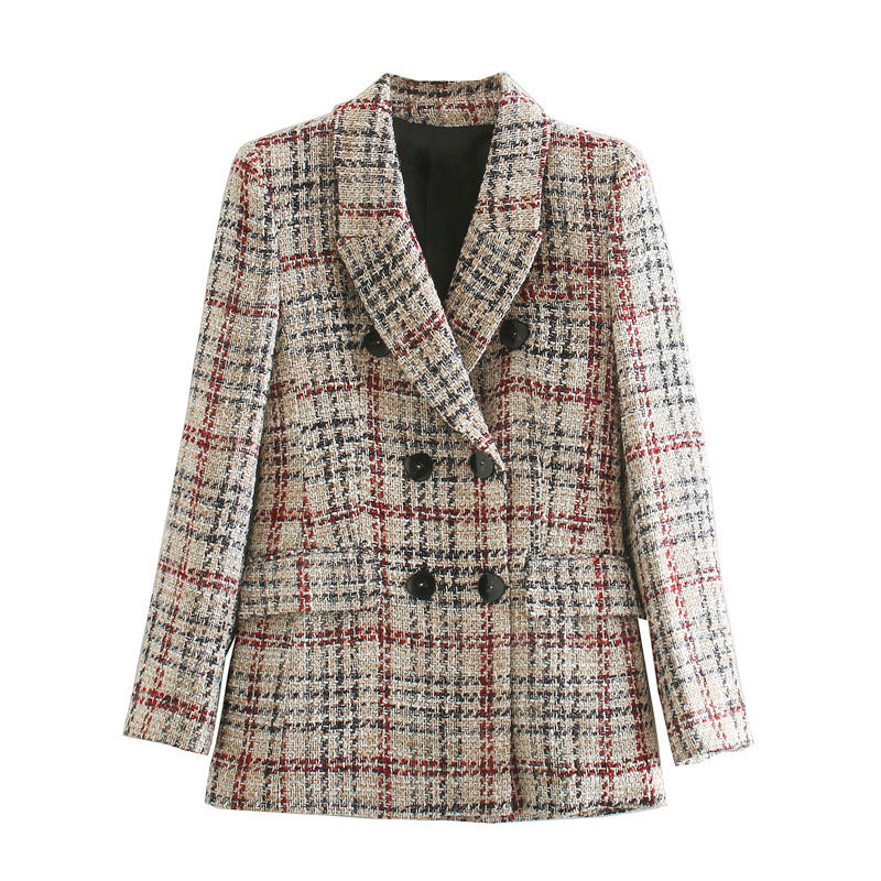 Plaid Texture Slim Woolen Blazer for Women