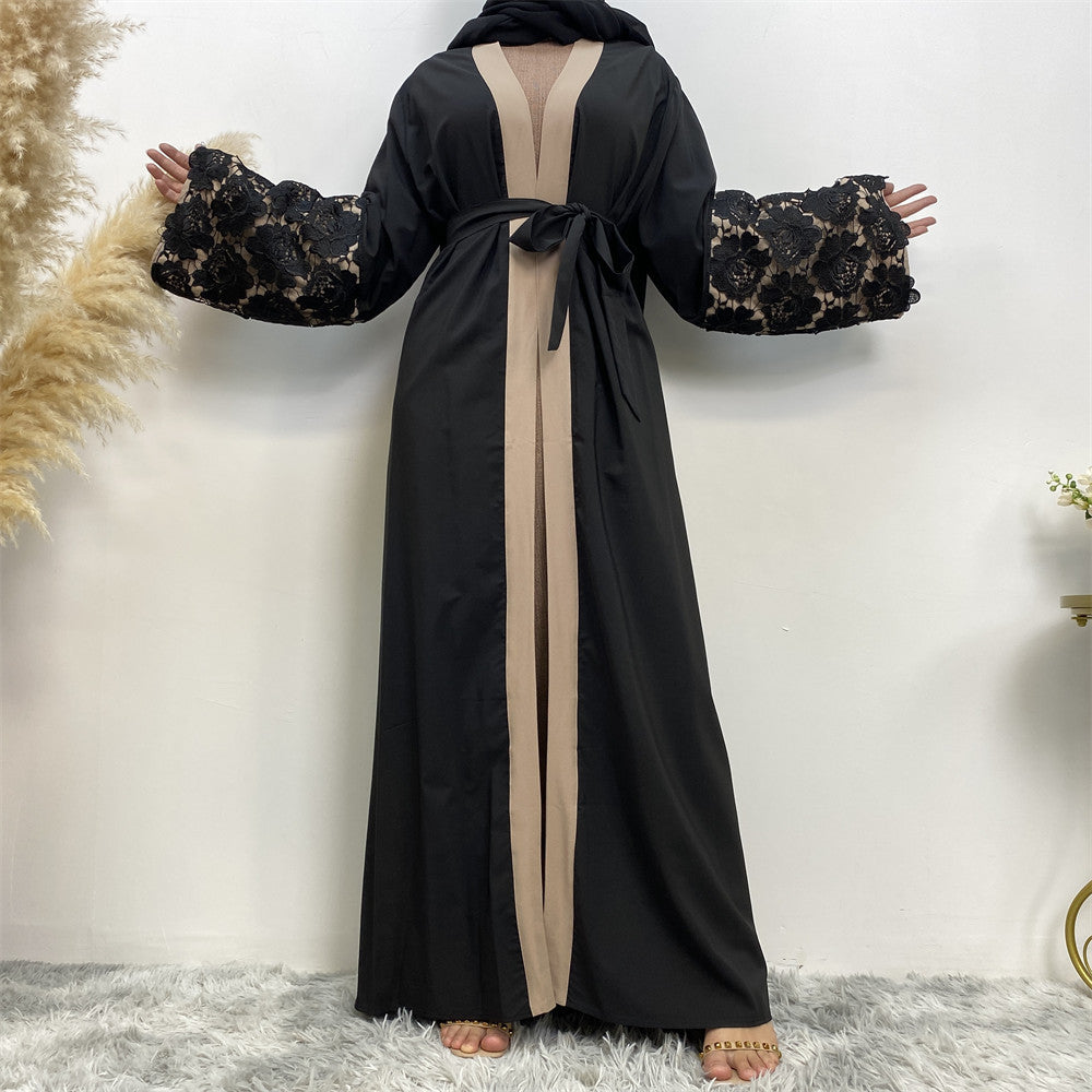 Plus Size Black Lace Cuffs Patchwork Long Sleeve Lace-Up Cardigan Robe for Women