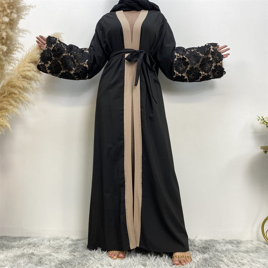 Lace Cuffs Patchwork Long Sleeve Loose Plus Size Lace Up Cardigan Robe for Middle Eastern Women