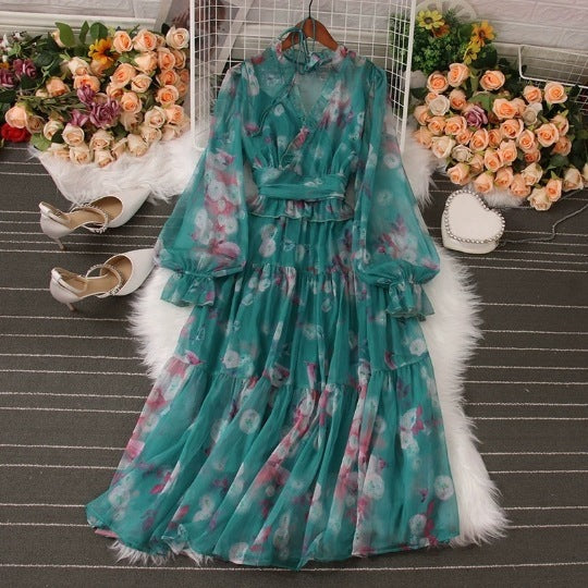 French Waist Slimming Floral Dress High Waist Free Size Polyester