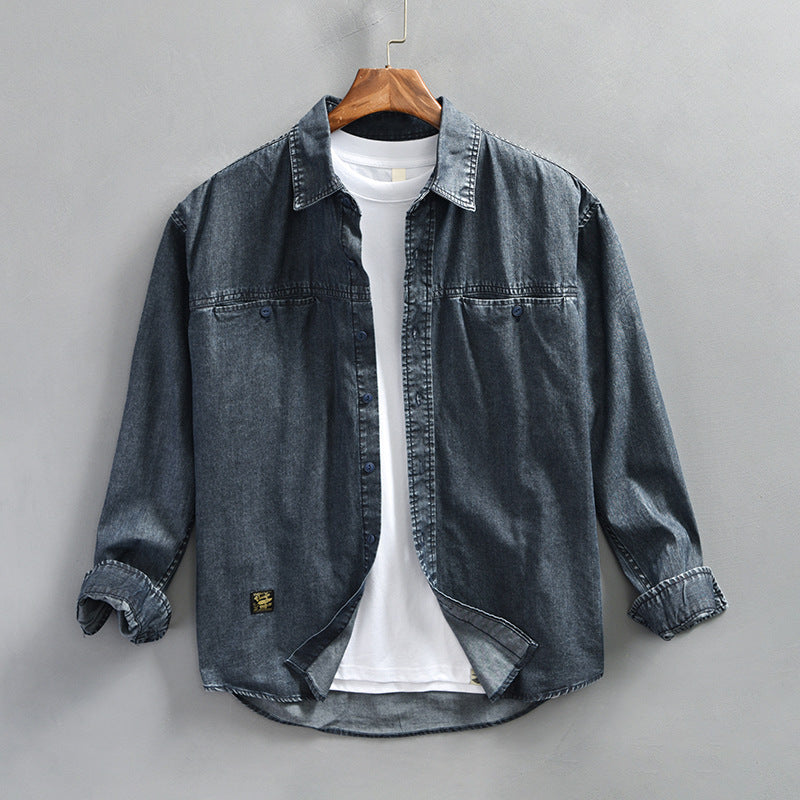 Men's Vintage Wash Denim Shirt - Solid Blue & Black, Cotton, Loose Fit, Sizes M-XXXXL