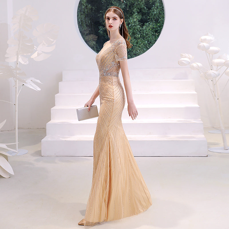 Women's Champagne Gold Organza Evening Dress