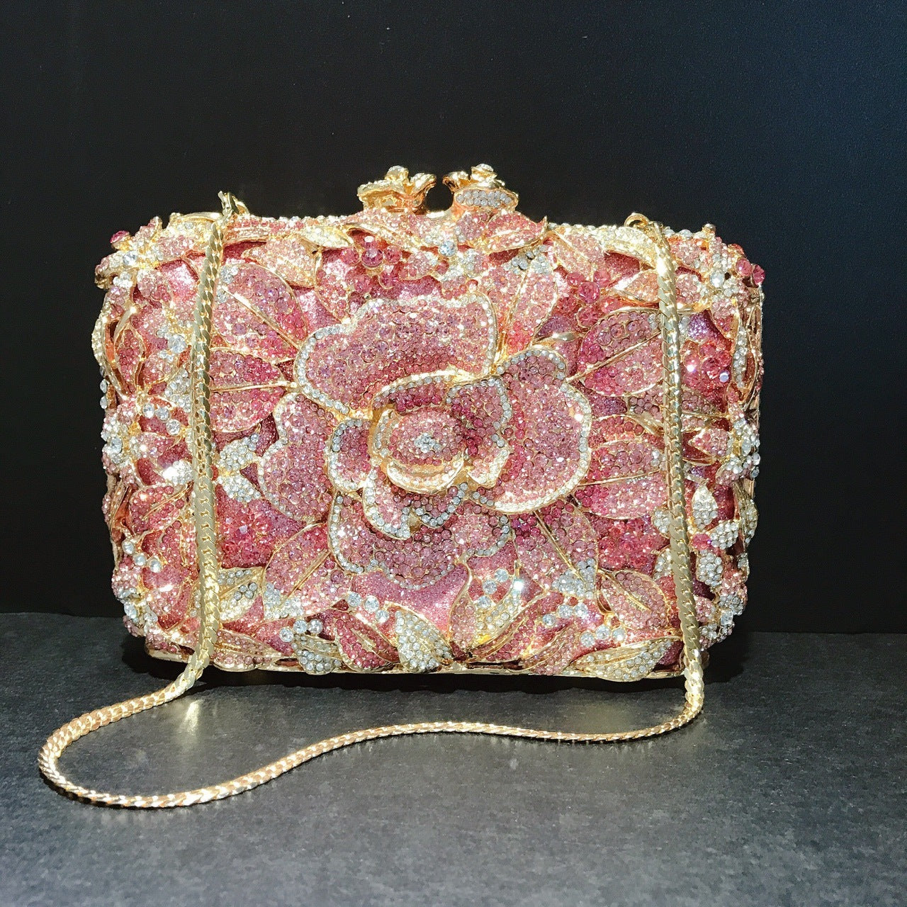 Metal Rose Diamond Chain Clutch Evening Bag 17x11x5cm