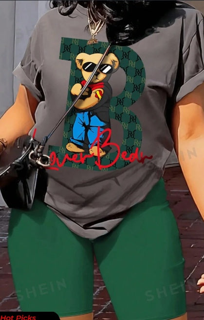 Bear Printed T-Shirt And Solid Color Shorts 2pcs Set
