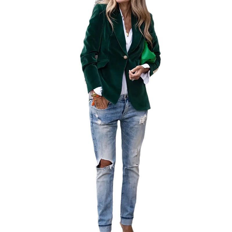 Velvet Lapel Slim Fit Single-Breasted Casual Business Jacket for Women