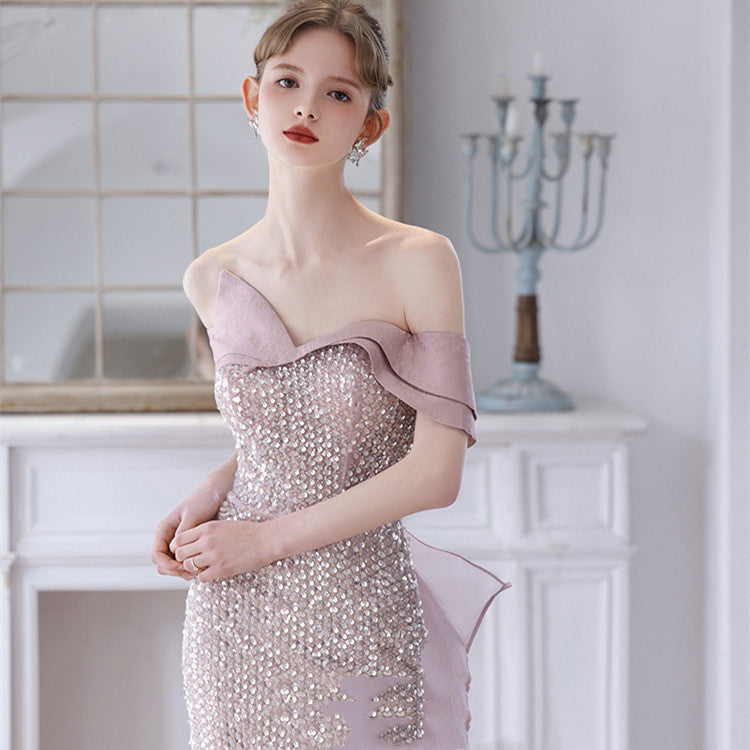 Women's Pink Polyester One-Shoulder Evening Dress