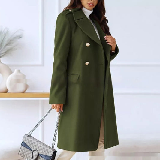 Simple Double Breasted Woolen Coat for Women in Black, Green & Khaki
