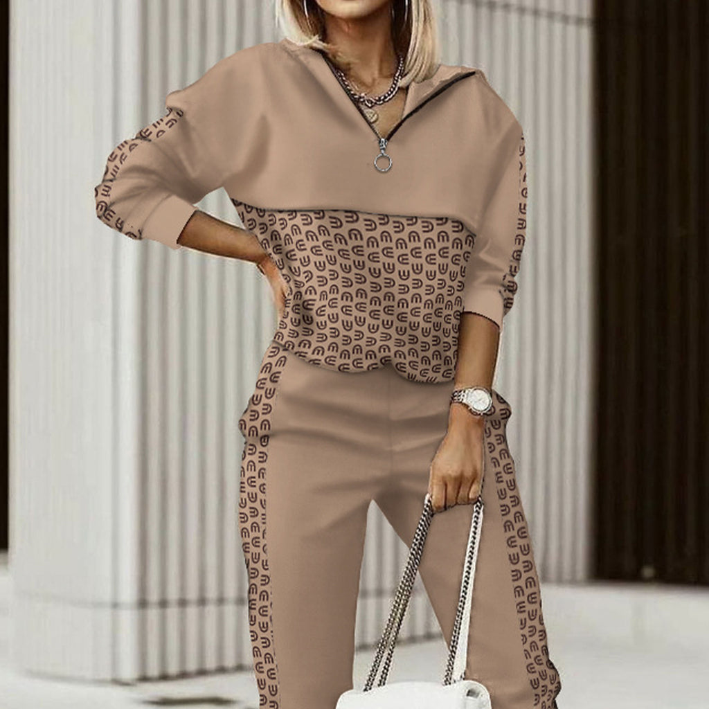 Ensemble pantalon et haut à manches longues imprimé pour femme en fibre de polyester