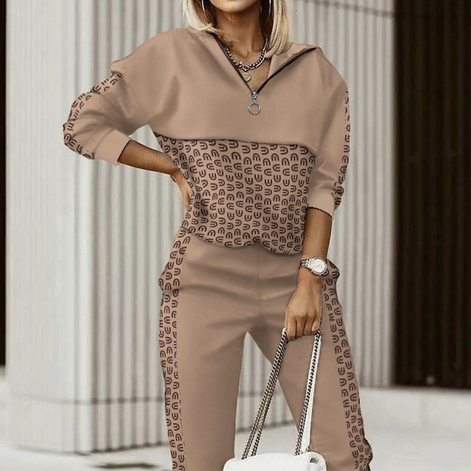 Ensemble pantalon et haut à manches longues imprimé pour femme en fibre de polyester