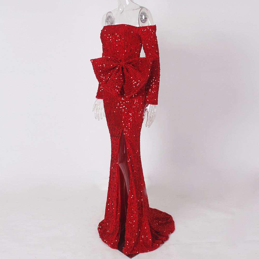 Wine Red Ladies Banquet Bridal Toast Dress with Long Sleeve Polyester Fiber
