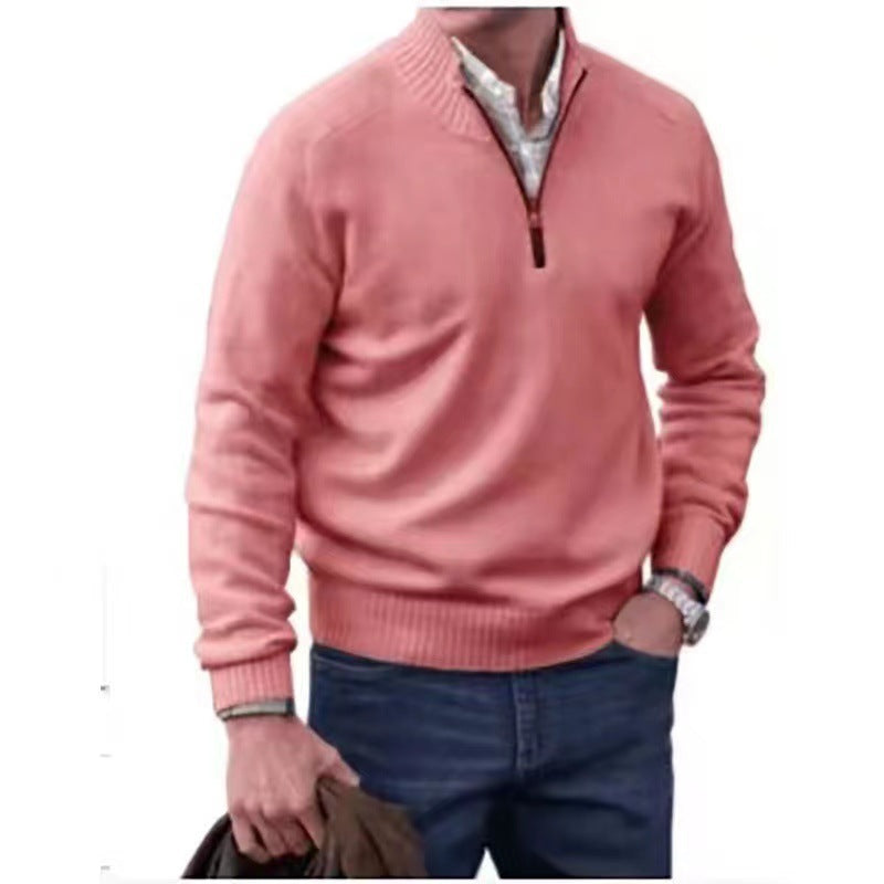 Pull homme à col montant zippé, en maille, style décontracté, couleur unie.