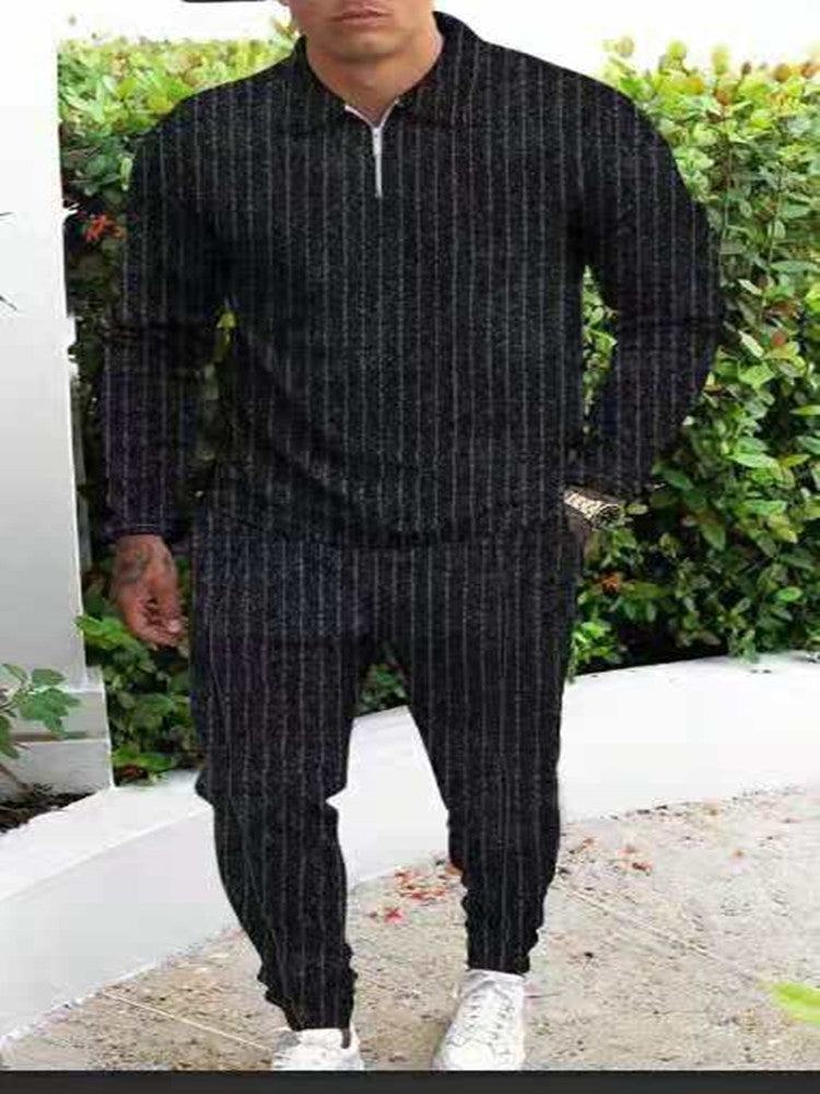 Slim Trendy Casual Striped Men's Suit with Trousers and Long Sleeve Top