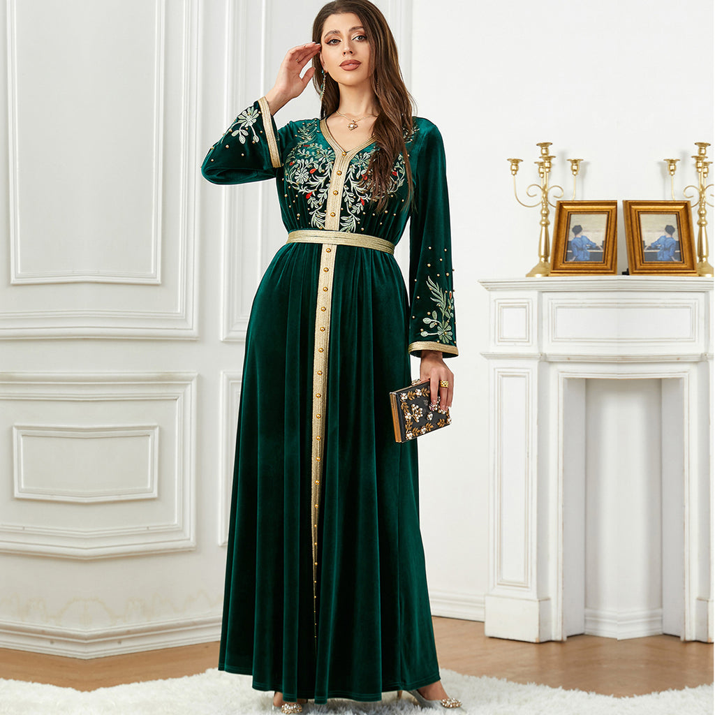 Robe brodée de perles en velours du Moyen-Orient, coloris noir, vert et violet, tailles M-XXL
