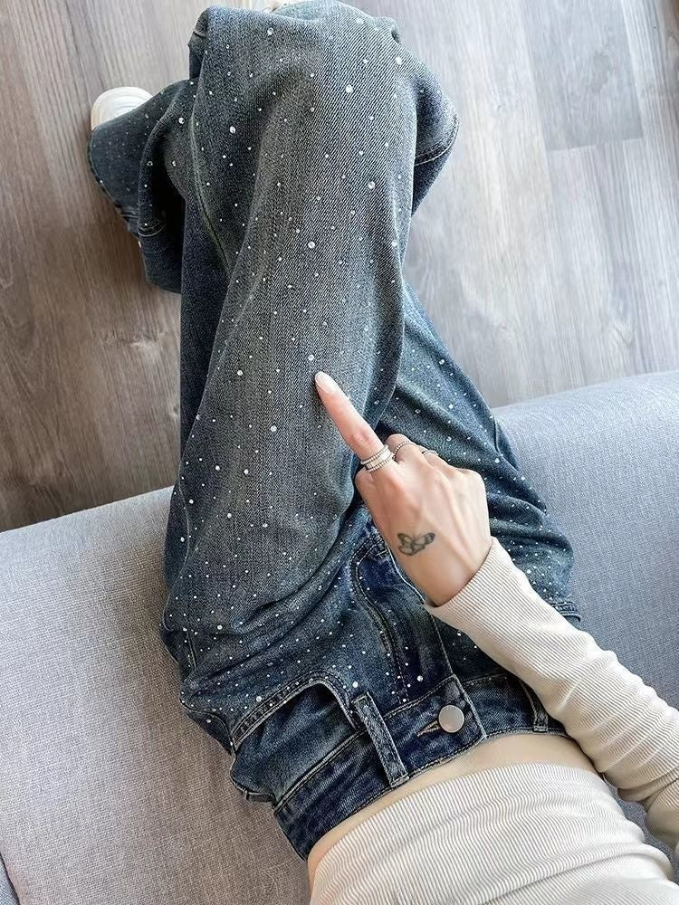 Jean en denim taille haute à jambes larges avec strass