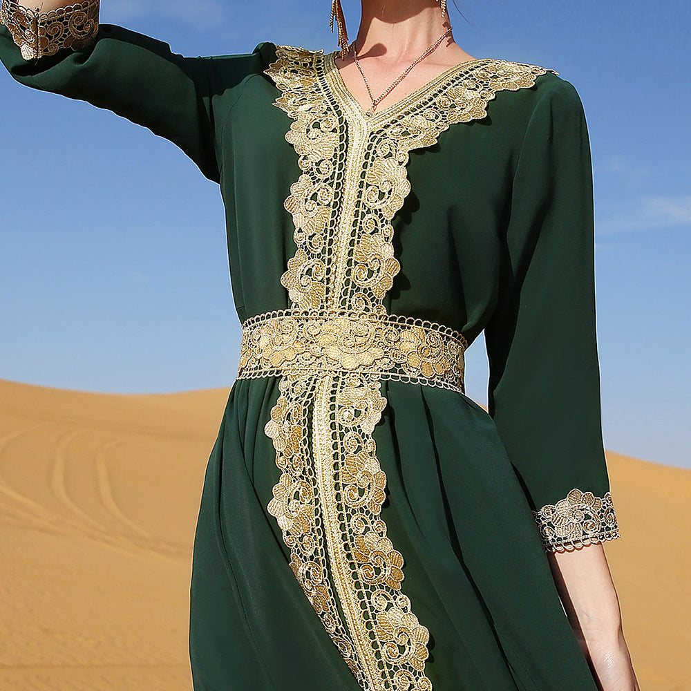 Fashion Arabian Women's Dark Green Embroidered Lace Dress