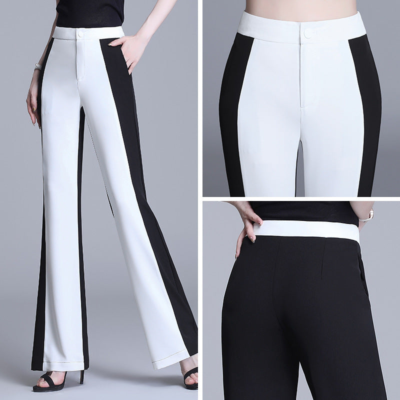 Women's Casual High-Waist Black & White Stitching Chiffon Straight-Leg Trousers