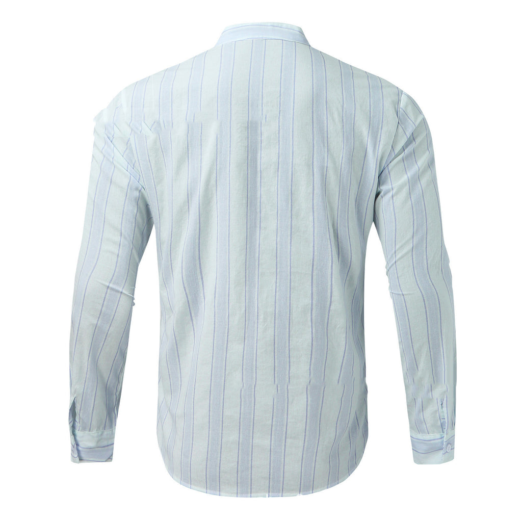Men's White Striped Cotton Long Sleeve Stand Collar Shirt