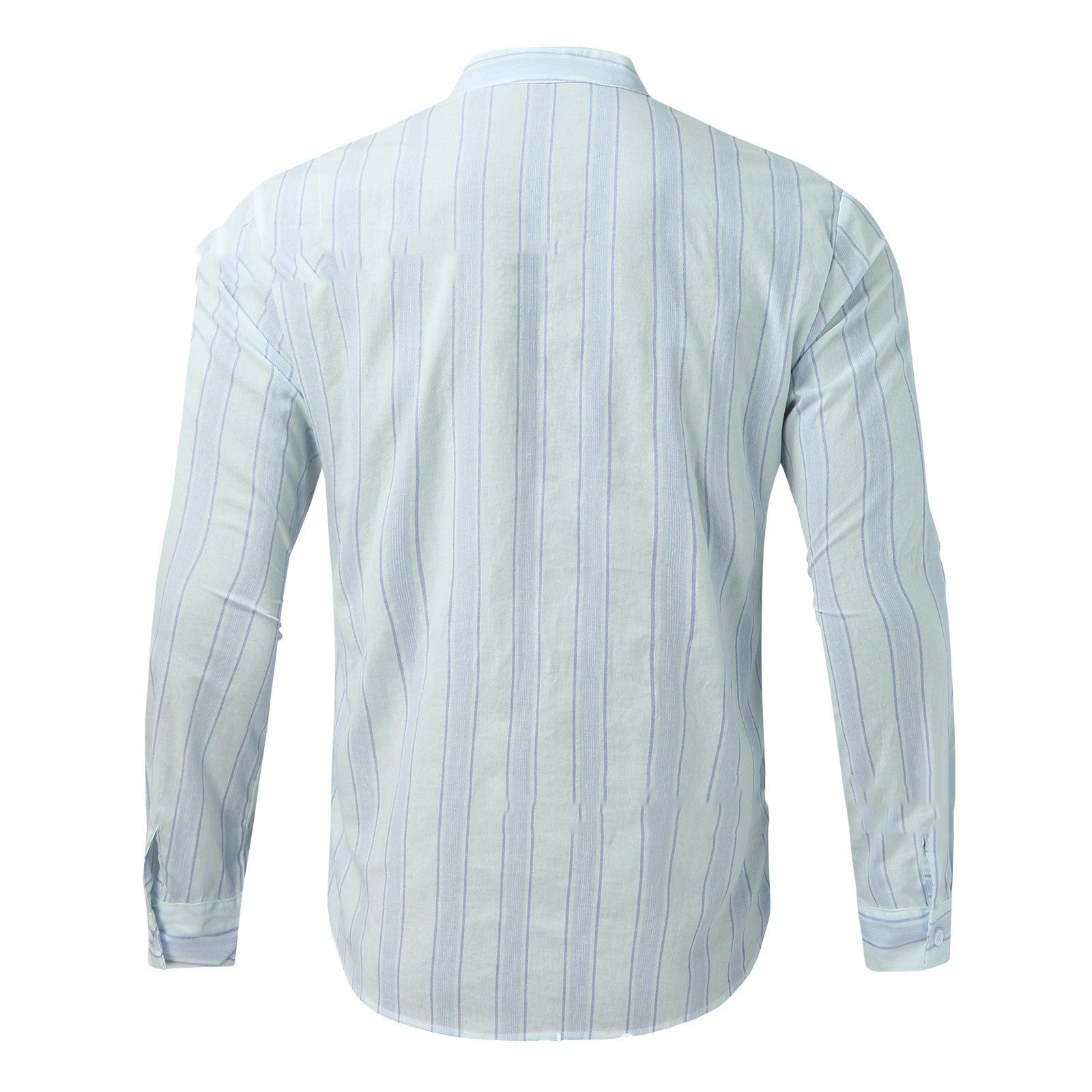 Men's White Striped Cotton Long Sleeve Stand Collar Shirt