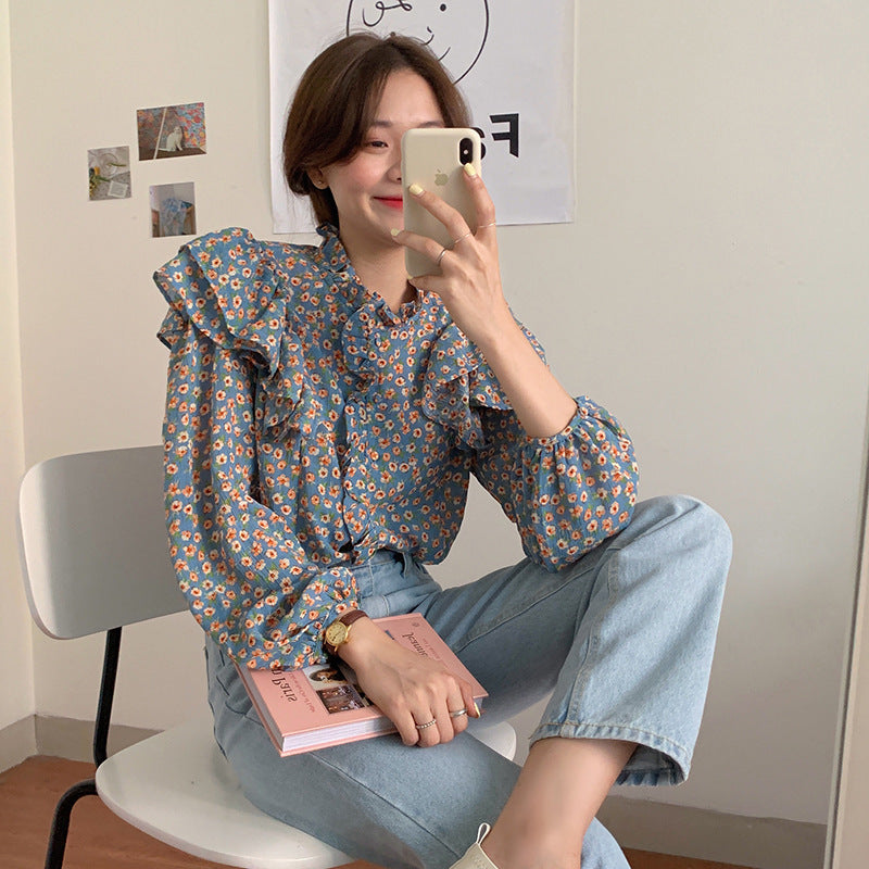 Retro Design Niche Light Mature Girly Floral Blouse French Chiffon Shirt