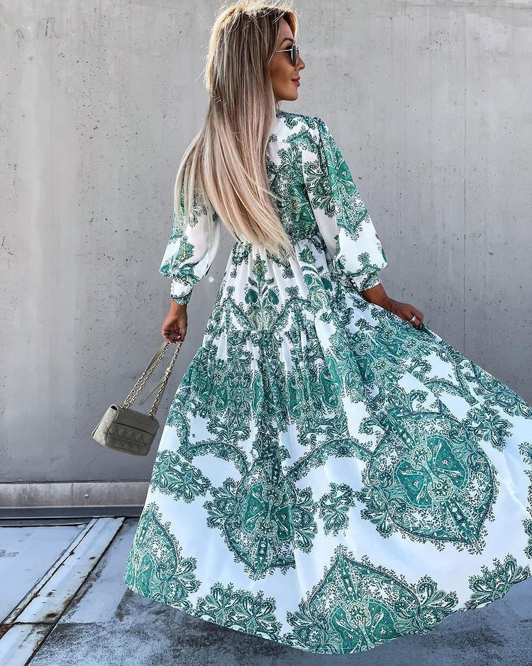 Casual Geometric Print Slit Long Dress