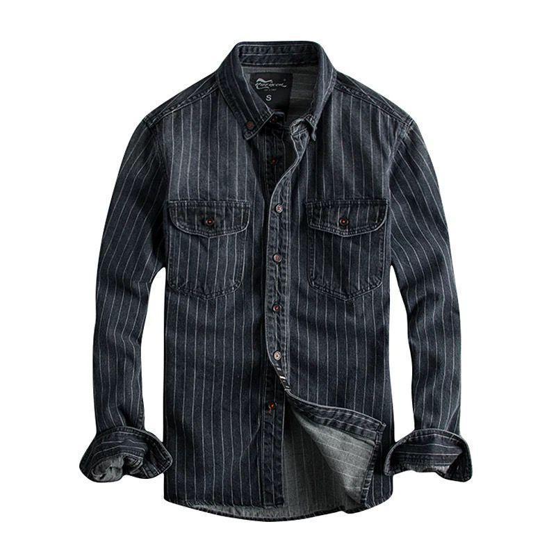 Retro Striped Denim Shirt Long Sleeve Coat Slim Fit