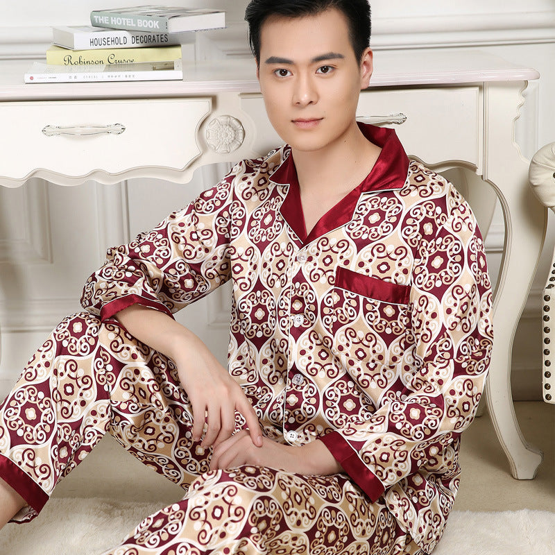 Men's Plus Size Long Sleeve Imitation Silk Pajamas Set