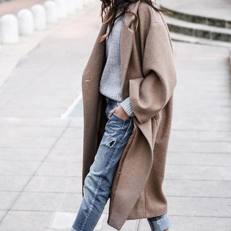 Women’s Casual Long Woolen Jacket With Pockets Solid Color Single Breasted Lapel Winter Coat