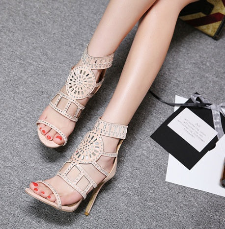 Rhinestone Suede High Heel Sandals with Back Zipper