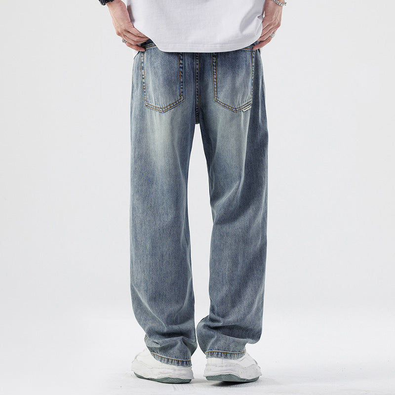 Light Blue Loose Straight Wide Leg Casual Denim Trousers Mid Waist
