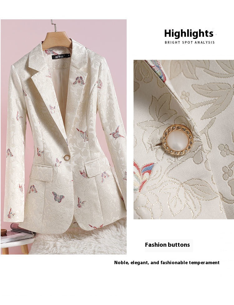 Women's Apricot Waist-Tight National Style Printed Suit Jacket