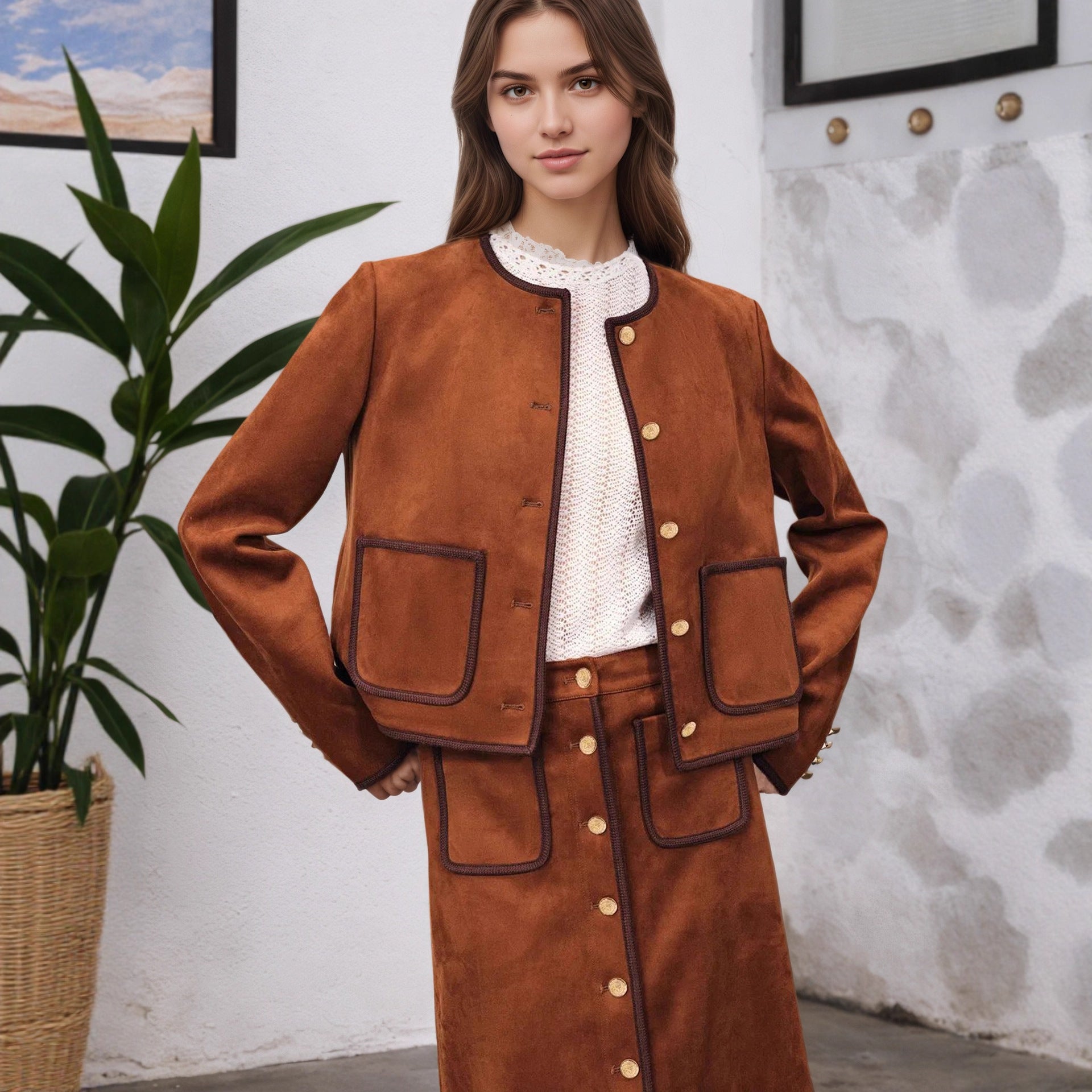 Long-Sleeve Color-Block Trim Short Coat - Slim Fit, Red-Brown