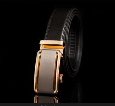 Men's Leather Automatic Buckle Belt 3.55CM Wide with Gold Buckle Head