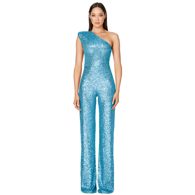 Sleeveless One-Shoulder High Waist Sequined Jumpsuit