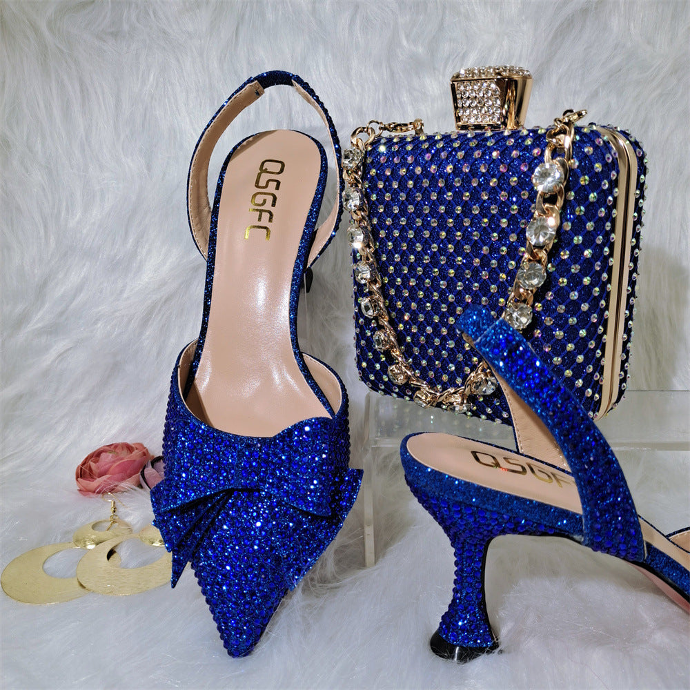Pointy High Heel Sandals with Metal Diamond Chain Handbag Set