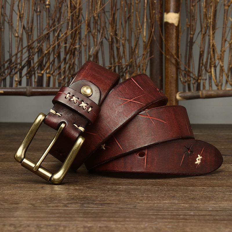 Vintage Washed First Layer Cow Leather Pin Buckle Jeans Belt 3.8cm Wide