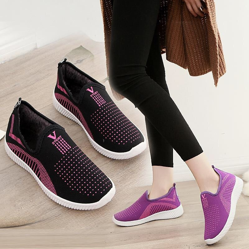 Chaussures d'hiver en coton et maille, doublées de velours, pour femmes