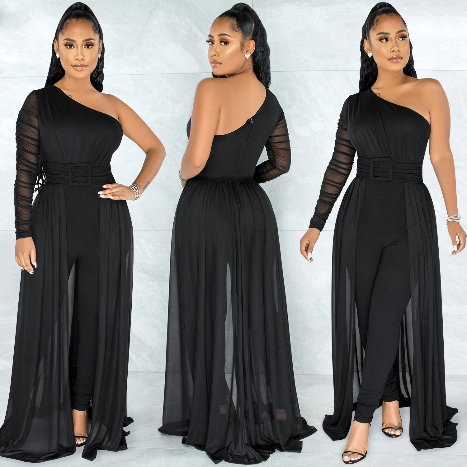 Pure Color Mesh One Shoulder Long Sleeve Jumpsuit for Women