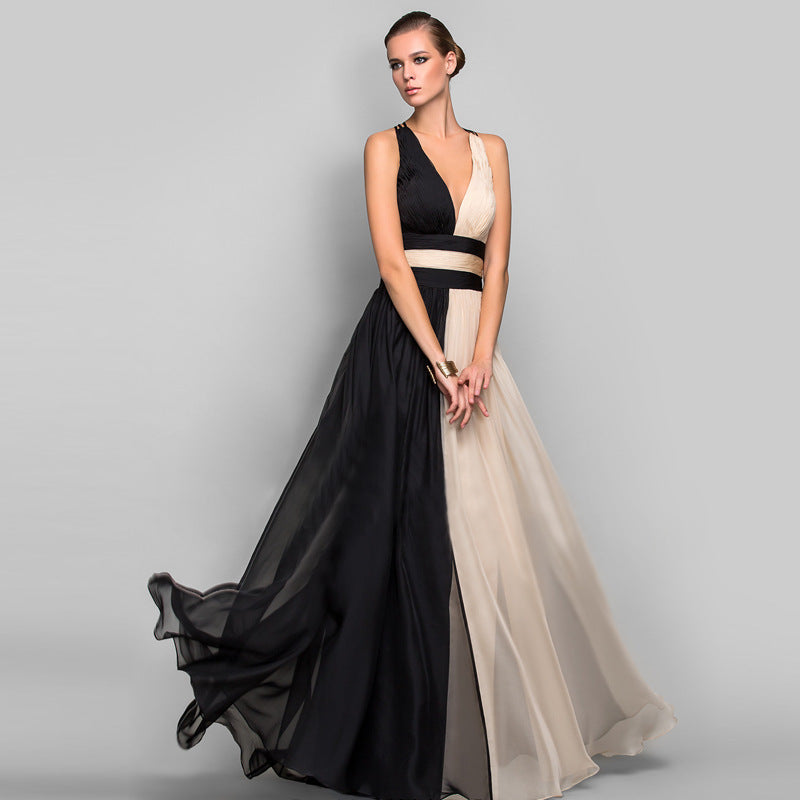 European American V-Neck Backless Long Dress Skirt