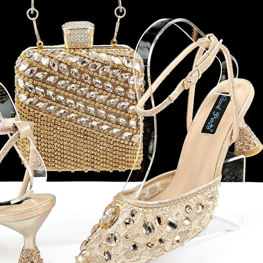 Ensemble de sandales à talons hauts et de sac à main à pompon 3D avec grands strass