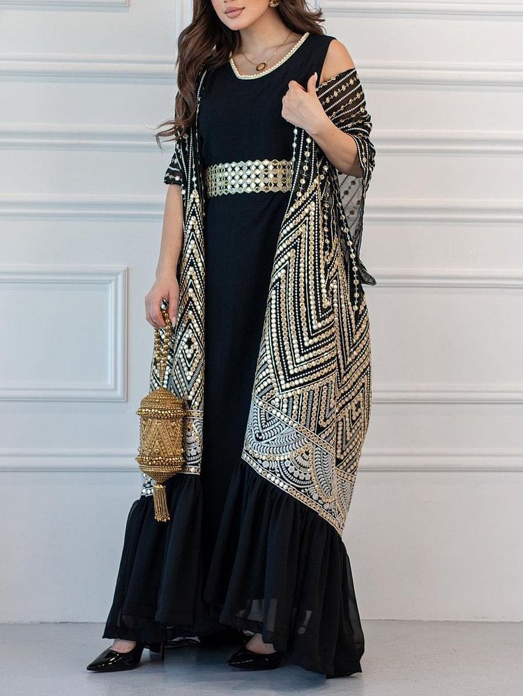 Printed Tape Belt Two-piece Abaya for Arabian Women