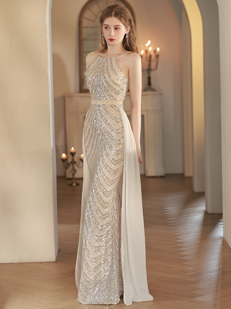 Robe de soirée sirène couleur champagne doré pour femme, luxe haut de gamme