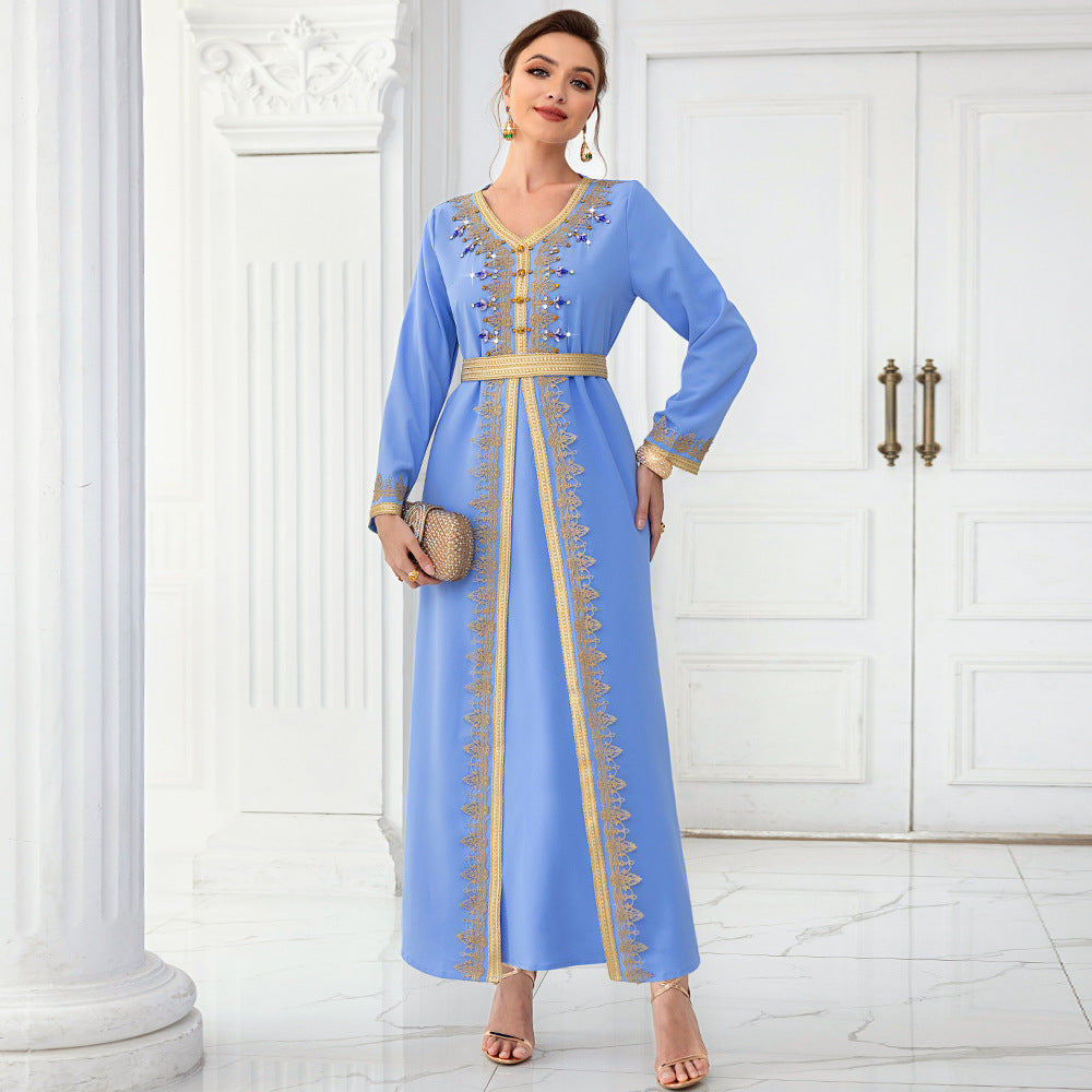 Light Blue Ribbon Hand-stitched Diamond Long Sleeve Arab Dress