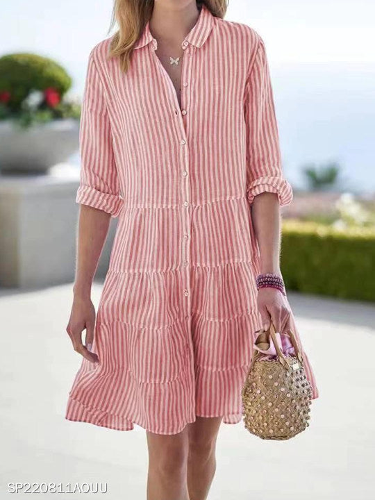 Striped Long-Sleeve Lapel Button Shirt Dress for Women