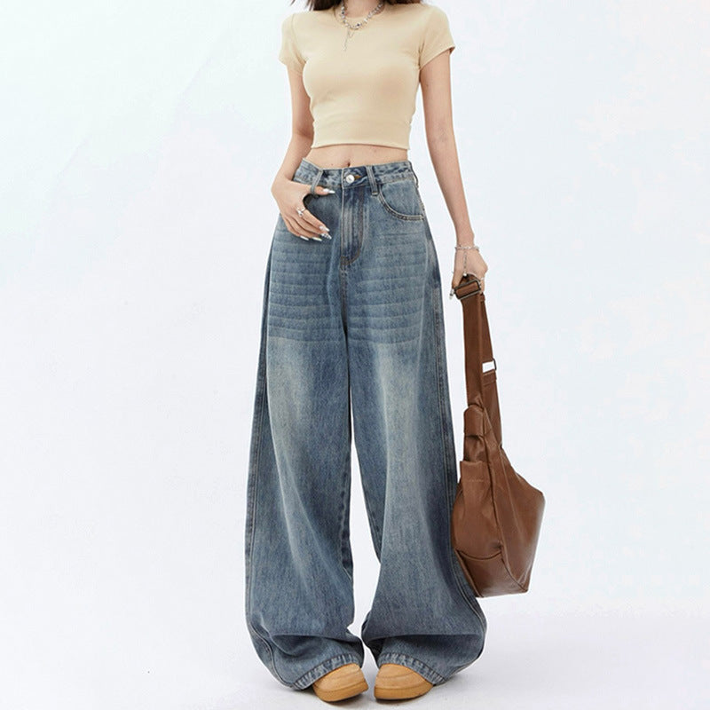 Jean large taille haute rétro bleu ample pour femme